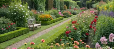 A meticulously maintained cut flower garden variety showcase, featuring a gravel path winding through neatly trimmed boxwood hedges. Vibrant flowerbeds burst with pinks, reds, oranges, and yellows, including blooming roses in whites and pinks, along with striking dahlias in salmon, orange, and red. A wooden bench offers a serene spot to enjoy the floral display, set against a backdrop of tall trees for a picturesque garden scene.