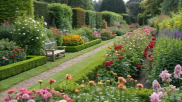 A meticulously maintained cut flower garden variety showcase, featuring a gravel path winding through neatly trimmed boxwood hedges. Vibrant flowerbeds burst with pinks, reds, oranges, and yellows, including blooming roses in whites and pinks, along with striking dahlias in salmon, orange, and red. A wooden bench offers a serene spot to enjoy the floral display, set against a backdrop of tall trees for a picturesque garden scene.