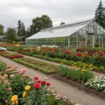 A vibrant cut flower garden with greenhouse, showcasing neat rows of colorful flowerbeds bordered by gravel paths. The garden features dahlias, roses, and other blooming flowers in shades of red, orange, pink, yellow, and white. Nestled within the layout, a glass-paneled greenhouse with a light gray metal frame provides a controlled environment for plants. Surrounded by trees and greenery, the garden is beautifully maintained, creating a formal botanical aesthetic under an overcast sky.