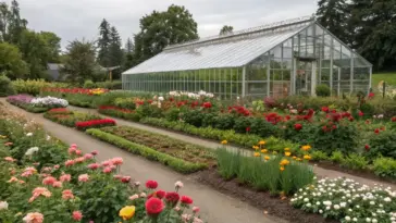A vibrant cut flower garden with greenhouse, showcasing neat rows of colorful flowerbeds bordered by gravel paths. The garden features dahlias, roses, and other blooming flowers in shades of red, orange, pink, yellow, and white. Nestled within the layout, a glass-paneled greenhouse with a light gray metal frame provides a controlled environment for plants. Surrounded by trees and greenery, the garden is beautifully maintained, creating a formal botanical aesthetic under an overcast sky.