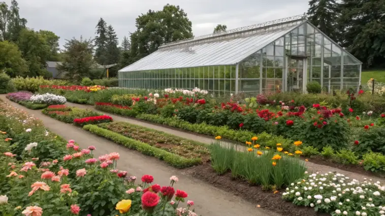 A vibrant cut flower garden with greenhouse, showcasing neat rows of colorful flowerbeds bordered by gravel paths. The garden features dahlias, roses, and other blooming flowers in shades of red, orange, pink, yellow, and white. Nestled within the layout, a glass-paneled greenhouse with a light gray metal frame provides a controlled environment for plants. Surrounded by trees and greenery, the garden is beautifully maintained, creating a formal botanical aesthetic under an overcast sky.