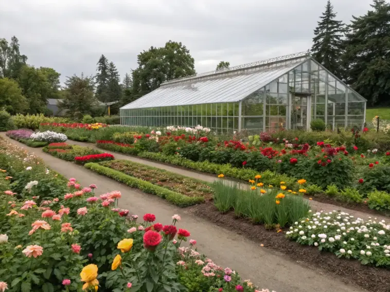A vibrant cut flower garden with greenhouse, showcasing neat rows of colorful flowerbeds bordered by gravel paths. The garden features dahlias, roses, and other blooming flowers in shades of red, orange, pink, yellow, and white. Nestled within the layout, a glass-paneled greenhouse with a light gray metal frame provides a controlled environment for plants. Surrounded by trees and greenery, the garden is beautifully maintained, creating a formal botanical aesthetic under an overcast sky.