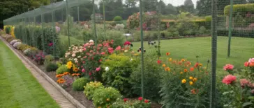 A well-maintained cut flower garden features several flowerbeds bordered by light tan brick-like edging, filled with vibrant roses, cosmos, and other colorful blooms. Dark green cut flower garden netting is stretched over the beds, providing protection while blending seamlessly into the serene outdoor setting. Beyond the netted area, a lush grassy lawn leads to a back garden with shrubs, flowers, and trees under partly cloudy skies.