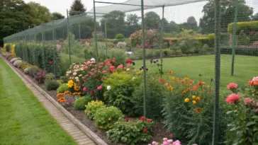 A well-maintained cut flower garden features several flowerbeds bordered by light tan brick-like edging, filled with vibrant roses, cosmos, and other colorful blooms. Dark green cut flower garden netting is stretched over the beds, providing protection while blending seamlessly into the serene outdoor setting. Beyond the netted area, a lush grassy lawn leads to a back garden with shrubs, flowers, and trees under partly cloudy skies.