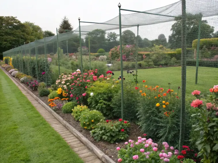 A well-maintained cut flower garden features several flowerbeds bordered by light tan brick-like edging, filled with vibrant roses, cosmos, and other colorful blooms. Dark green cut flower garden netting is stretched over the beds, providing protection while blending seamlessly into the serene outdoor setting. Beyond the netted area, a lush grassy lawn leads to a back garden with shrubs, flowers, and trees under partly cloudy skies.