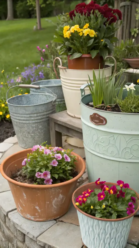 A cut flower garden in a small space features an arrangement of outdoor plant pots on a stone patio. The scene includes a large galvanized metal bucket filled with greenery and light green/yellow flowers, paired with a smaller terracotta pot holding periwinkle blooms. In the foreground, a terracotta-colored plastic pot bursts with pink flowers, while a mint-green textured metal pot showcases vibrant red-orange and pale yellow pansies. Behind these, additional plants and greenery fill the space, with hints of other blooming flowers in the background, creating a lush, colorful display perfect for small-space gardening.