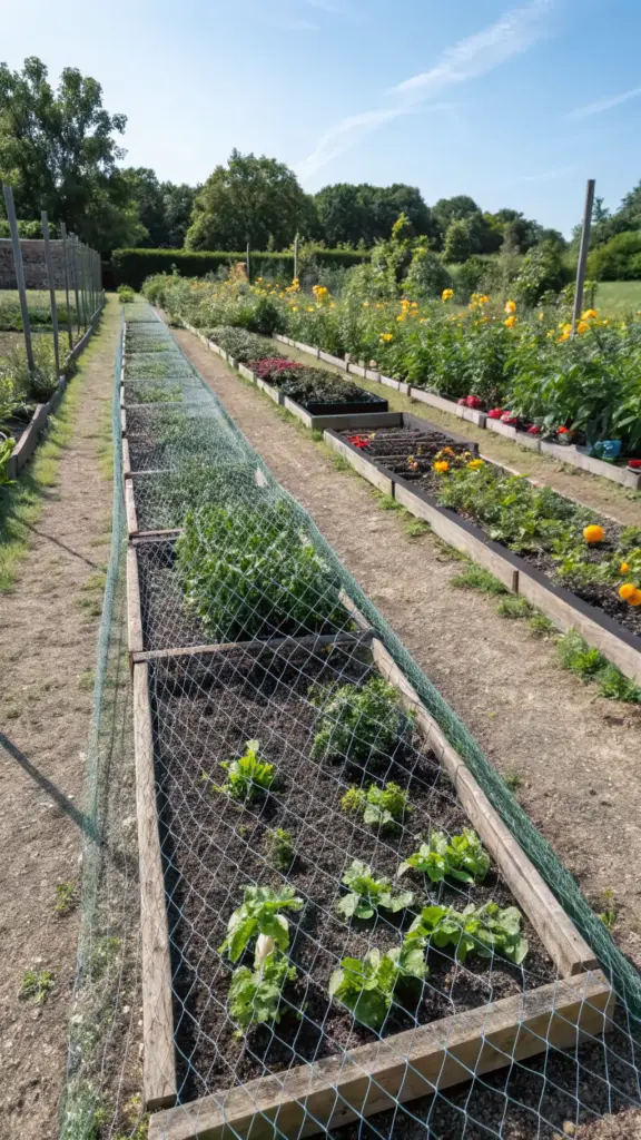 Community garden with raised wooden beds on a sunny day. Some beds feature cut flower garden netting to protect plants. The garden includes vegetables like leafy greens and radishes, as well as colorful blooming flowers in yellow, orange, and red. Pathways of light brown dirt separate the beds, with trees and greenery surrounding the area. A hedge is visible in the background, under a clear blue sky with scattered clouds.