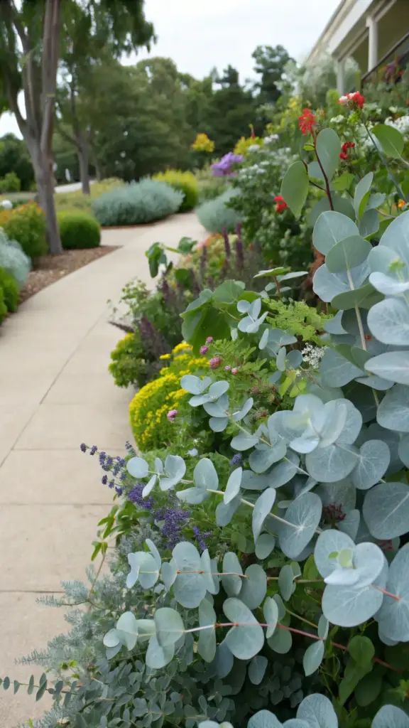A close-up view of a landscaped garden path in a cut flower garden, showcasing how to design with a mix of plants. A light beige paved walkway winds through a variety of shrubs and flowering plants, including pink, red, purple, and yellow blooms. Eucalyptus plants with large grayish-green leaves are a focal point, surrounded by smaller shrubs and lush greenery. The scene highlights a vibrant, textured garden setting during the day.
