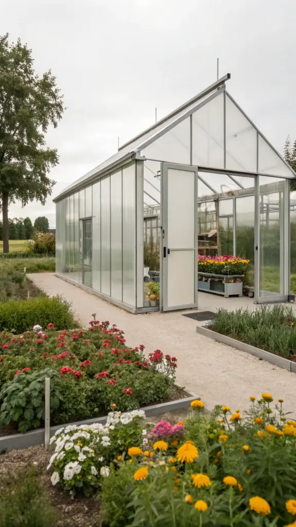 A vibrant cut flower garden with greenhouse is showcased in this full outdoor shot. The modern, light gray polycarbonate greenhouse features a gable roof, metal framing, and clear panels, with its large doors open to reveal interior plants and shelving. Surrounding the greenhouse are rectangular garden beds bordered by gray wood or composite material, filled with lush rows of colorful flowering plants like marigolds, petunias, and geraniums in shades of red, white, and yellow. The ground outside the beds is covered in light gray gravel, completing the serene and organized growing space.