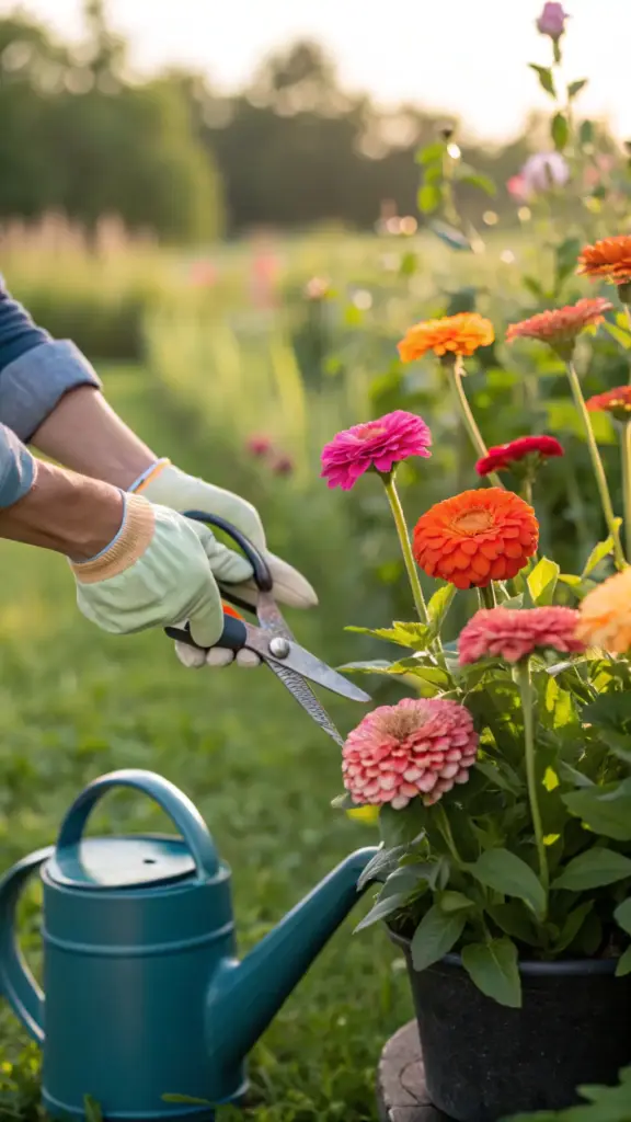 A close-up of a person gardening in a cut flower garden, showing how to trim a coral-pink zinnia with small shears. The zinnia is in a black pot, surrounded by other colorful flowers in pink, orange, and more. A dark teal watering can sits nearby, with a sunny outdoor garden setting featuring green grass and blurred greenery in the background. The person, wearing gloves and a light-blue shirt, carefully tends to the flowers.