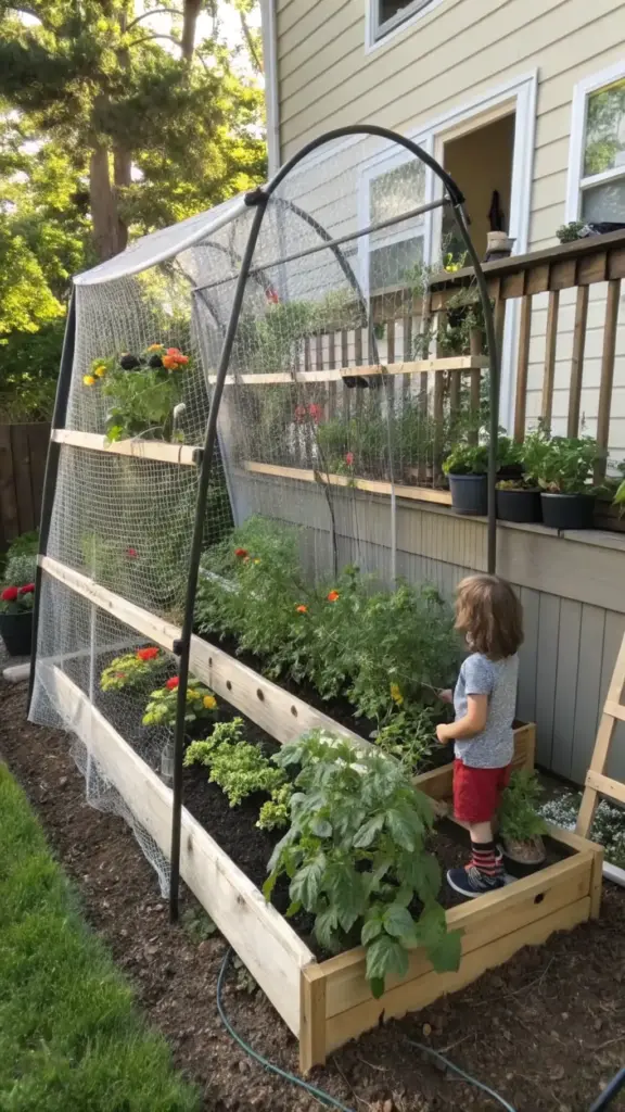 A sunny outdoor scene of a raised cut flower garden bed with tiered wooden planks, surrounded by an arched wire mesh enclosure. A child with short blond hair stands inside the garden, wearing red shorts and dark shoes. Various plants, including tomatoes and marigolds, grow in mulch-filled beds. Behind the garden, a light beige house with a porch is visible, while the ground features dirt, grass, and a garden hose nearby. The image highlights a vibrant backyard setting with cut flower garden netting.