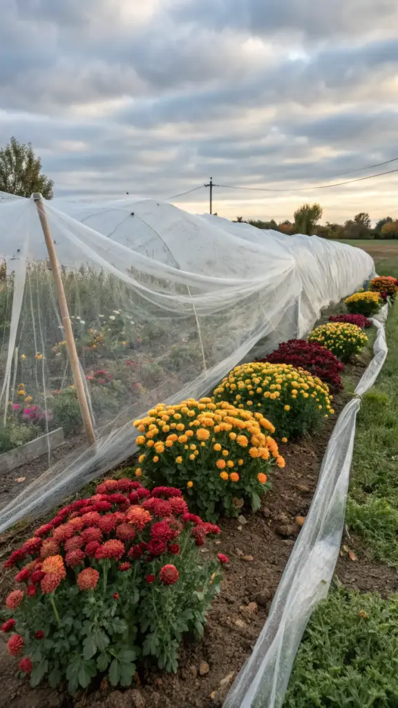 A vibrant cut flower garden featuring rows of blooming chrysanthemums in red, orange, and yellow, protected by white translucent cut flower garden netting. The netting is supported by wooden stakes, covering the plants while allowing light to filter through. Dark brown soil separates the rows, with patches of weeds visible along the edges. The scene is set under an overcast sky with soft lighting.