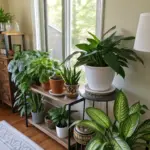 A beautifully arranged collection of various low light house plants thriving indoors. The scene features a tall Dieffenbachia with variegated leaves in the foreground, a Peace Lily or similar plant in a white pot on a stand, a Snake Plant, and other green foliage plants artfully displayed on wooden and metal shelving units near a bright window, creating a serene and well-lit interior space.