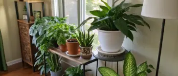 A beautifully arranged collection of various low light house plants thriving indoors. The scene features a tall Dieffenbachia with variegated leaves in the foreground, a Peace Lily or similar plant in a white pot on a stand, a Snake Plant, and other green foliage plants artfully displayed on wooden and metal shelving units near a bright window, creating a serene and well-lit interior space.