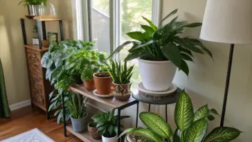 A beautifully arranged collection of various low light house plants thriving indoors. The scene features a tall Dieffenbachia with variegated leaves in the foreground, a Peace Lily or similar plant in a white pot on a stand, a Snake Plant, and other green foliage plants artfully displayed on wooden and metal shelving units near a bright window, creating a serene and well-lit interior space.