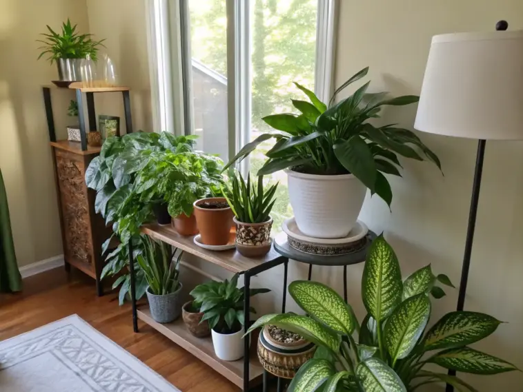 A beautifully arranged collection of various low light house plants thriving indoors. The scene features a tall Dieffenbachia with variegated leaves in the foreground, a Peace Lily or similar plant in a white pot on a stand, a Snake Plant, and other green foliage plants artfully displayed on wooden and metal shelving units near a bright window, creating a serene and well-lit interior space.