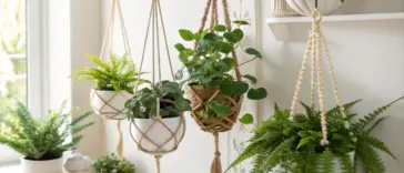 A bright, aesthetically pleasing indoor setting featuring multiple hanging plants in stylish pots, showcasing a "hanging plants diy" vibe with various macrame and rope hangers.