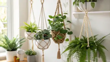 A bright, aesthetically pleasing indoor setting featuring multiple hanging plants in stylish pots, showcasing a "hanging plants diy" vibe with various macrame and rope hangers.