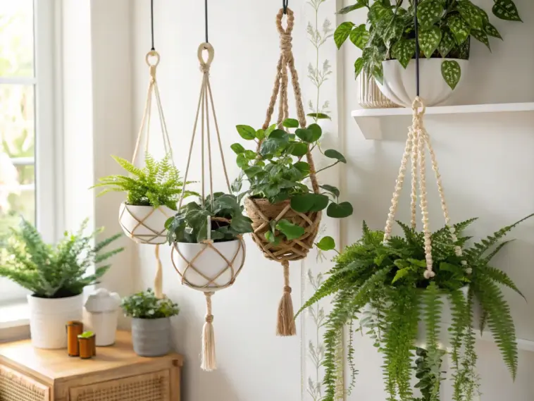 A bright, aesthetically pleasing indoor setting featuring multiple hanging plants in stylish pots, showcasing a "hanging plants diy" vibe with various macrame and rope hangers.