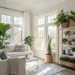 A bright and airy modern living room showcasing a beautiful house plants aesthetic. Large windows flood the space with natural light, illuminating a comfortable off-white sofa adorned with patterned pillows. Various lush green house plants are strategically placed throughout the room, including a tall fiddle leaf fig next to the sofa, a snake plant in a woven basket by the window, and a multi-tiered shelving unit displaying an array of smaller potted plants in diverse containers. The house plants aesthetic is further enhanced by the light-toned walls, wooden flooring, a light-colored rug, and a simple coffee table, creating a serene and biophilic atmosphere.