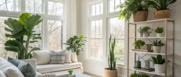 A bright and airy modern living room showcasing a beautiful house plants aesthetic. Large windows flood the space with natural light, illuminating a comfortable off-white sofa adorned with patterned pillows. Various lush green house plants are strategically placed throughout the room, including a tall fiddle leaf fig next to the sofa, a snake plant in a woven basket by the window, and a multi-tiered shelving unit displaying an array of smaller potted plants in diverse containers. The house plants aesthetic is further enhanced by the light-toned walls, wooden flooring, a light-colored rug, and a simple coffee table, creating a serene and biophilic atmosphere.