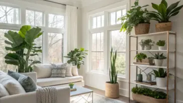 A bright and airy modern living room showcasing a beautiful house plants aesthetic. Large windows flood the space with natural light, illuminating a comfortable off-white sofa adorned with patterned pillows. Various lush green house plants are strategically placed throughout the room, including a tall fiddle leaf fig next to the sofa, a snake plant in a woven basket by the window, and a multi-tiered shelving unit displaying an array of smaller potted plants in diverse containers. The house plants aesthetic is further enhanced by the light-toned walls, wooden flooring, a light-colored rug, and a simple coffee table, creating a serene and biophilic atmosphere.