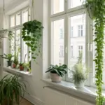 Bright and airy interior with multiple "hanging plants in front of window" setups, showcasing various green plants in white pots suspended by chains and cords, alongside other plants on the windowsills, creating a lush, sunlit environment.
