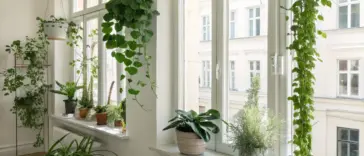 Bright and airy interior with multiple "hanging plants in front of window" setups, showcasing various green plants in white pots suspended by chains and cords, alongside other plants on the windowsills, creating a lush, sunlit environment.