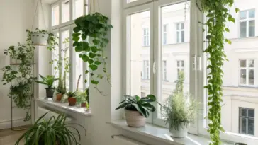 Bright and airy interior with multiple "hanging plants in front of window" setups, showcasing various green plants in white pots suspended by chains and cords, alongside other plants on the windowsills, creating a lush, sunlit environment.