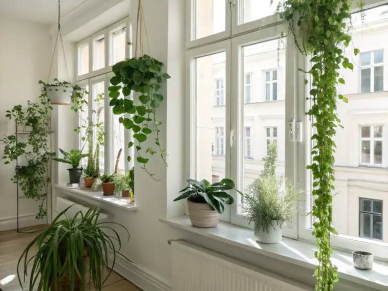 Bright and airy interior with multiple "hanging plants in front of window" setups, showcasing various green plants in white pots suspended by chains and cords, alongside other plants on the windowsills, creating a lush, sunlit environment.