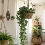 Bright and cozy indoor living space showcasing "hanging plants indoor ideas," featuring a lush fern in a white macrame plant hanger, complemented by natural light and bohemian decor elements.