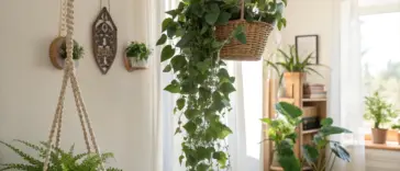 Bright and cozy indoor living space showcasing "hanging plants indoor ideas," featuring a lush fern in a white macrame plant hanger, complemented by natural light and bohemian decor elements.