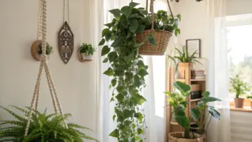 Bright and cozy indoor living space showcasing "hanging plants indoor ideas," featuring a lush fern in a white macrame plant hanger, complemented by natural light and bohemian decor elements.