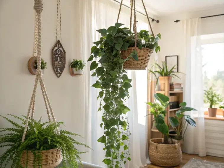 Bright and cozy indoor living space showcasing "hanging plants indoor ideas," featuring a lush fern in a white macrame plant hanger, complemented by natural light and bohemian decor elements.