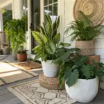 A welcoming covered porch features several indoor plants that can go outside in the summer, including a large Dieffenbachia, a vibrant Snake Plant, a lush Parlor Palm, and a trailing Monstera, all thriving in stylish pots.