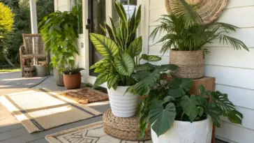 A welcoming covered porch features several indoor plants that can go outside in the summer, including a large Dieffenbachia, a vibrant Snake Plant, a lush Parlor Palm, and a trailing Monstera, all thriving in stylish pots.