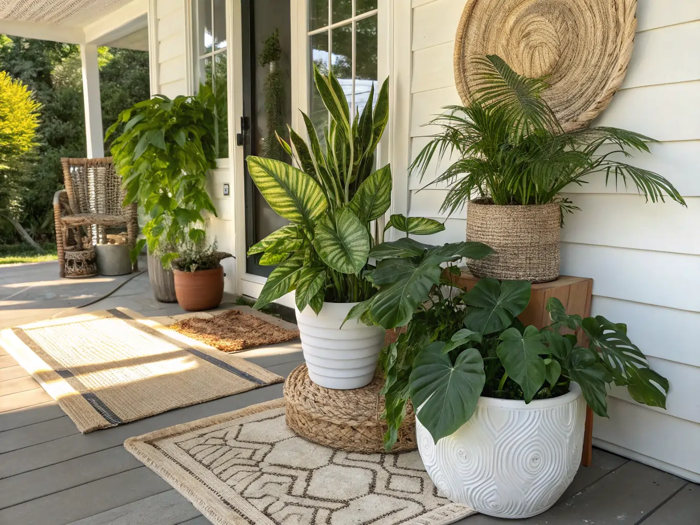 A welcoming covered porch features several indoor plants that can go outside in the summer, including a large Dieffenbachia, a vibrant Snake Plant, a lush Parlor Palm, and a trailing Monstera, all thriving in stylish pots.