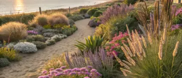 A sandy path winds through a vibrant coastal garden filled with colorful summer plants, leading towards a beach with the sun setting over the ocean in the background.