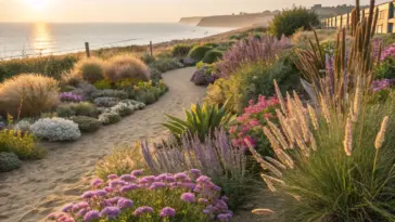 A sandy path winds through a vibrant coastal garden filled with colorful summer plants, leading towards a beach with the sun setting over the ocean in the background.