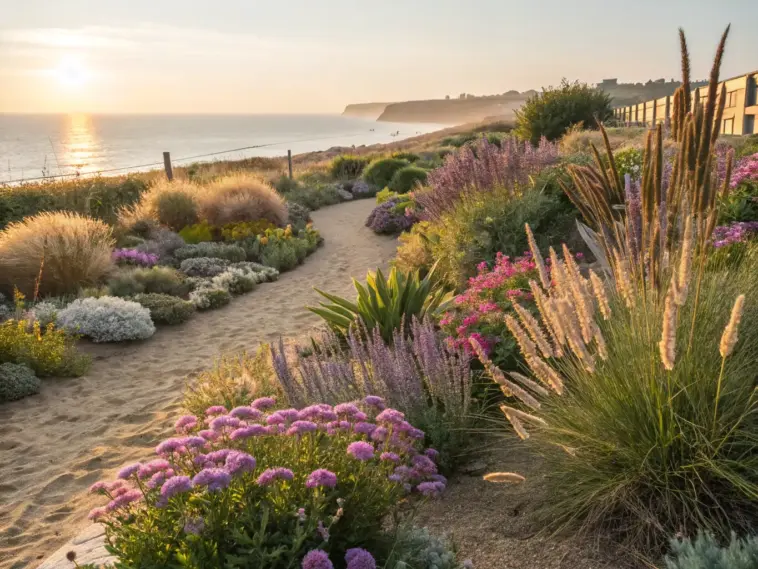 A sandy path winds through a vibrant coastal garden filled with colorful summer plants, leading towards a beach with the sun setting over the ocean in the background.