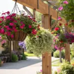 Bright and vibrant outdoor garden scene showcasing excellent "plants for hanging baskets," including bountiful pink petunias and trailing greenery, suspended from a wooden pergola.