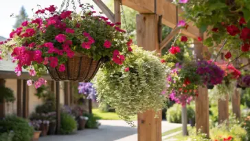 Bright and vibrant outdoor garden scene showcasing excellent "plants for hanging baskets," including bountiful pink petunias and trailing greenery, suspended from a wooden pergola.