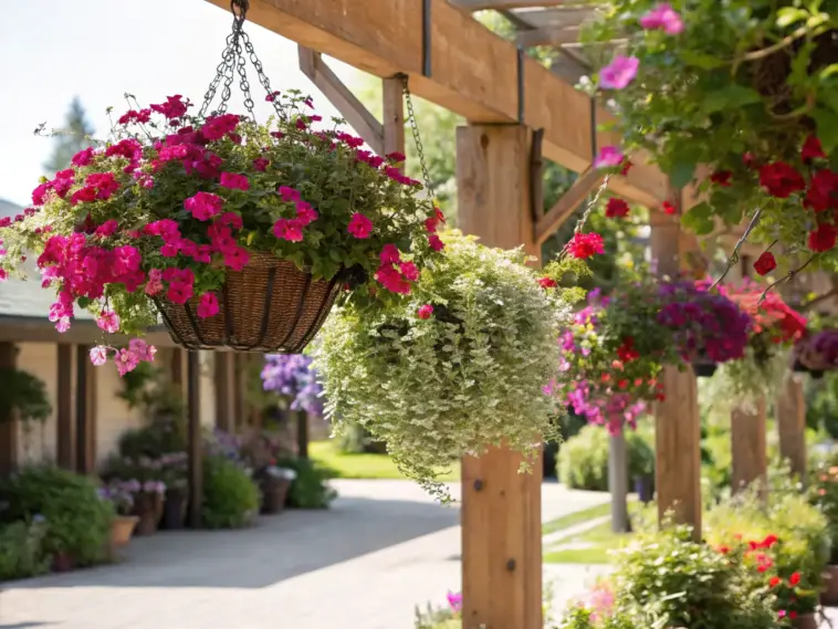 Bright and vibrant outdoor garden scene showcasing excellent "plants for hanging baskets," including bountiful pink petunias and trailing greenery, suspended from a wooden pergola.