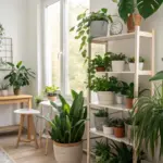 A well-lit room featuring a diverse collection of 'House Plants Indoor', including snake plants and trailing varieties, displayed on a multi-tiered wooden shelf, a side table, and hanging planters, illuminated by natural light from a large window.