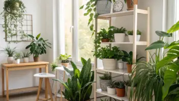 A well-lit room featuring a diverse collection of 'House Plants Indoor', including snake plants and trailing varieties, displayed on a multi-tiered wooden shelf, a side table, and hanging planters, illuminated by natural light from a large window.