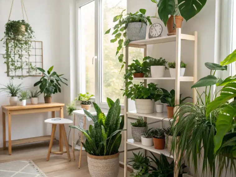 A well-lit room featuring a diverse collection of 'House Plants Indoor', including snake plants and trailing varieties, displayed on a multi-tiered wooden shelf, a side table, and hanging planters, illuminated by natural light from a large window.