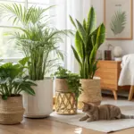 A bright and cozy living room scene showcasing a variety of cat friendly house plants in decorative pots, including a tall palm and a snake plant, with a ginger tabby cat relaxing on a light-colored rug nearby, highlighting a pet-safe indoor environment.