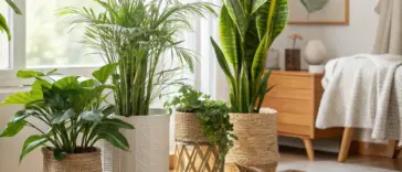 A bright and cozy living room scene showcasing a variety of cat friendly house plants in decorative pots, including a tall palm and a snake plant, with a ginger tabby cat relaxing on a light-colored rug nearby, highlighting a pet-safe indoor environment.