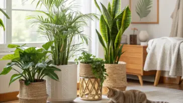 A bright and cozy living room scene showcasing a variety of cat friendly house plants in decorative pots, including a tall palm and a snake plant, with a ginger tabby cat relaxing on a light-colored rug nearby, highlighting a pet-safe indoor environment.