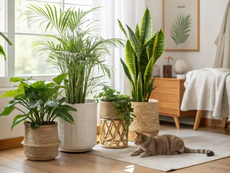 A bright and cozy living room scene showcasing a variety of cat friendly house plants in decorative pots, including a tall palm and a snake plant, with a ginger tabby cat relaxing on a light-colored rug nearby, highlighting a pet-safe indoor environment.
